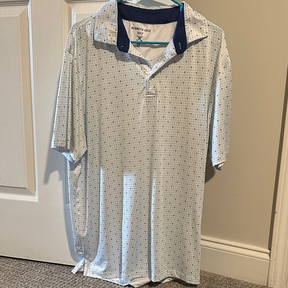 Kenneth Cole Light Blue Microprint Polo with Navy Contrast Collar